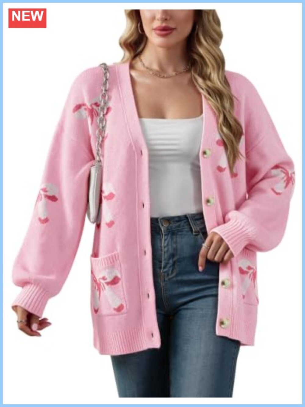 Oversized Bow Button Long Sleeve Cardigan Sweater